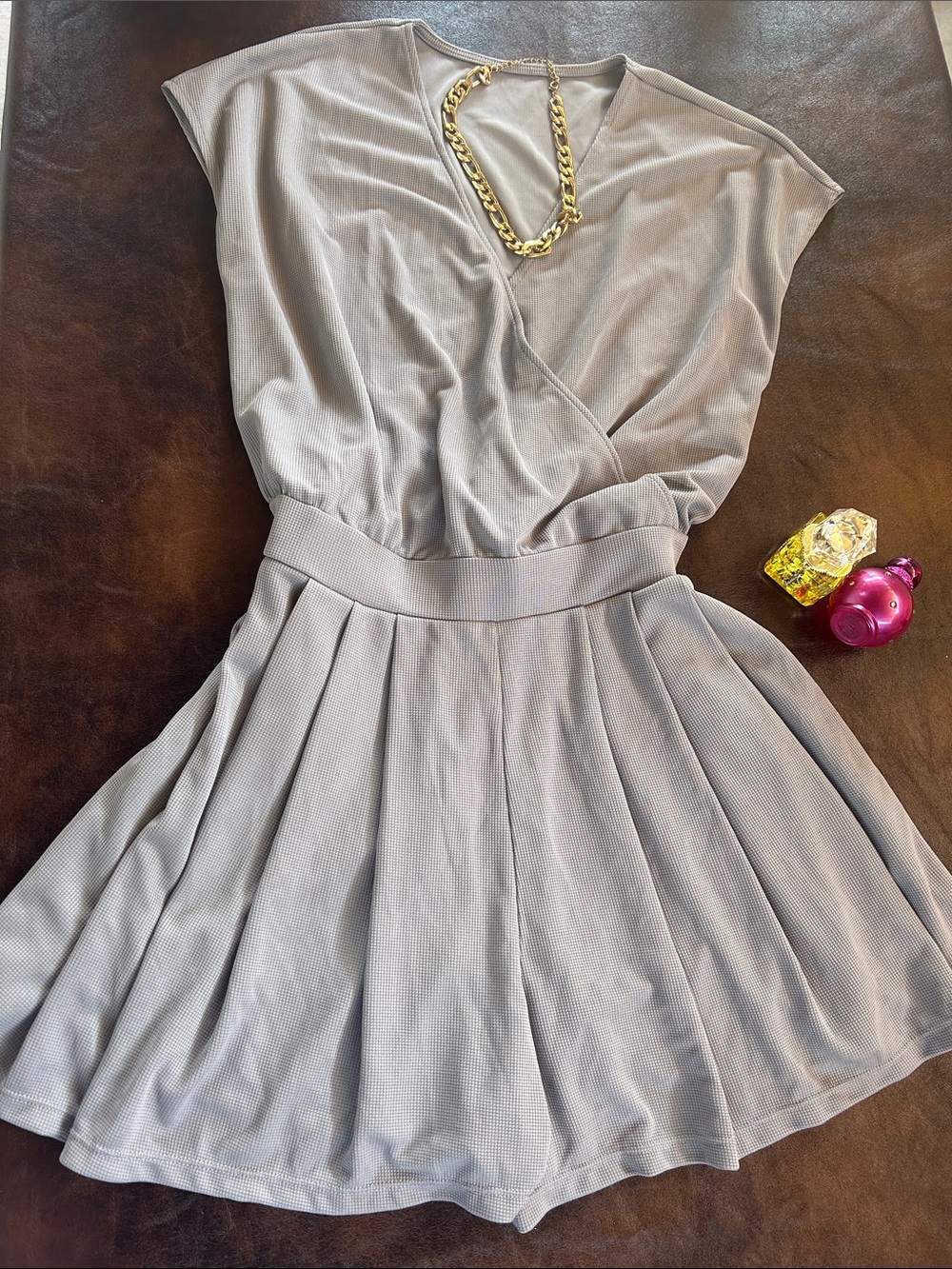 Taupe V-Neck Pleated Waist Women's Dress